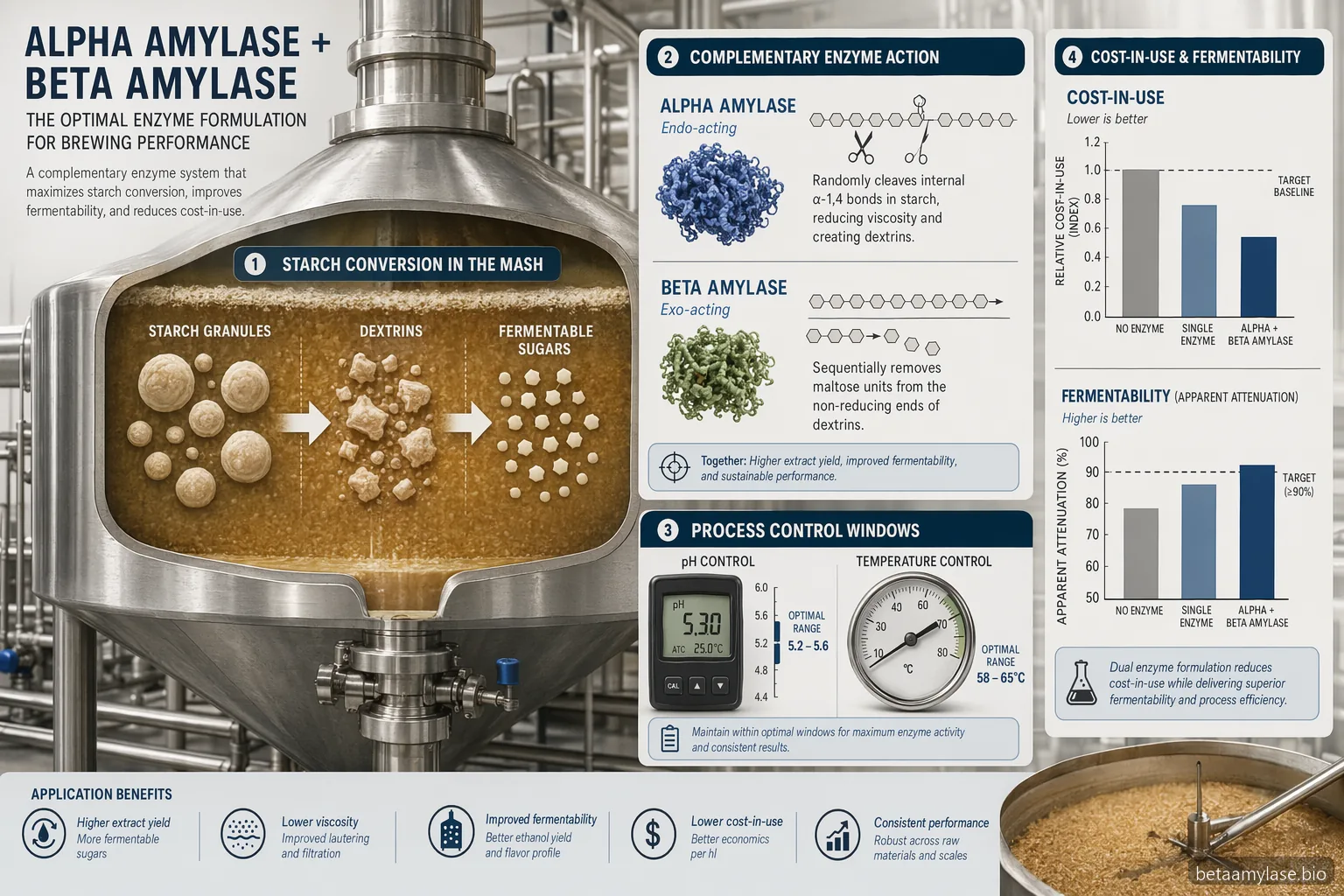 alpha amylase beta amylase brewing formulation guide showing mash enzymes, pH, temperature, and fermentability targets
