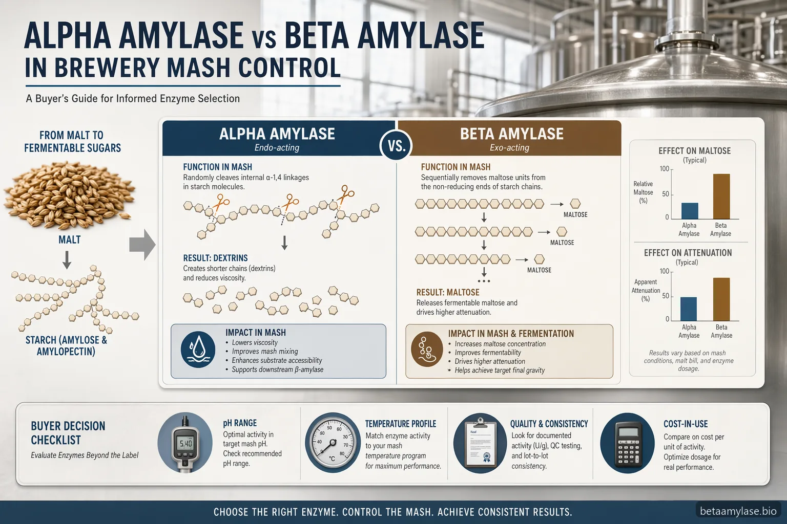alpha amylase vs beta amylase brewing buyer guide: maltose control, attenuation, enzyme specs, and cost-in-use cues