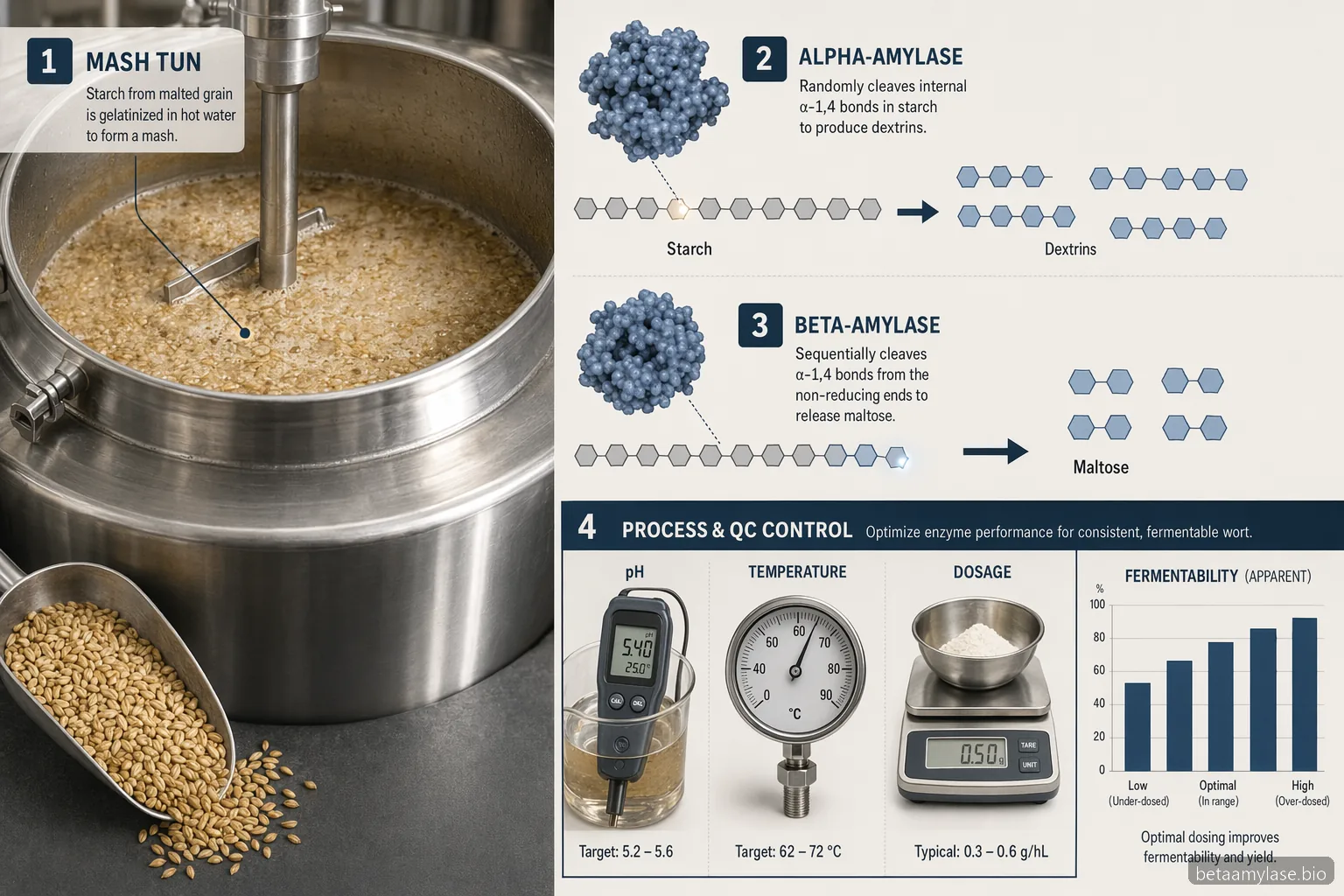 alpha- en beta-amylase brouwen, infographic met maischenzymen, maltoseopbrengst, vergistbaarheid en QC-controles