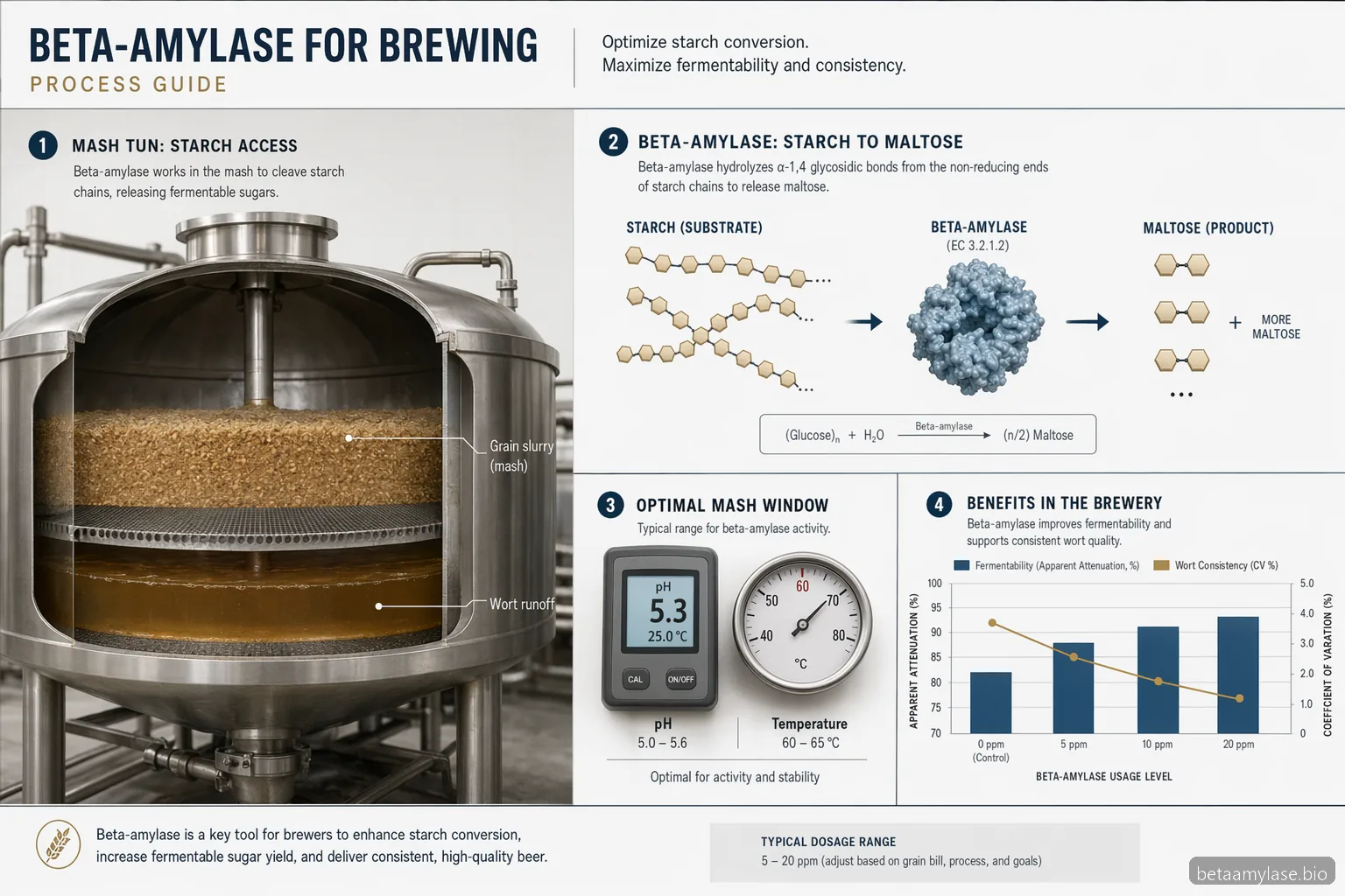 amylase beta brewing process guide infographic showing maltose formation, mash controls, and wort consistency