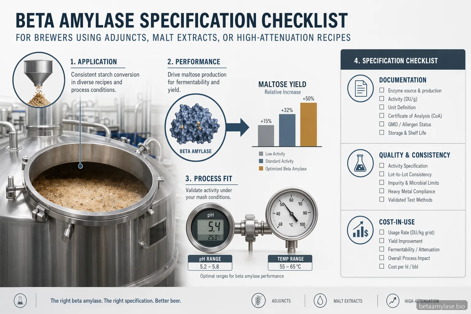 beta amylase brewing specification checklist with maltose yield, pH, temperature, QC, and cost-in-use cues