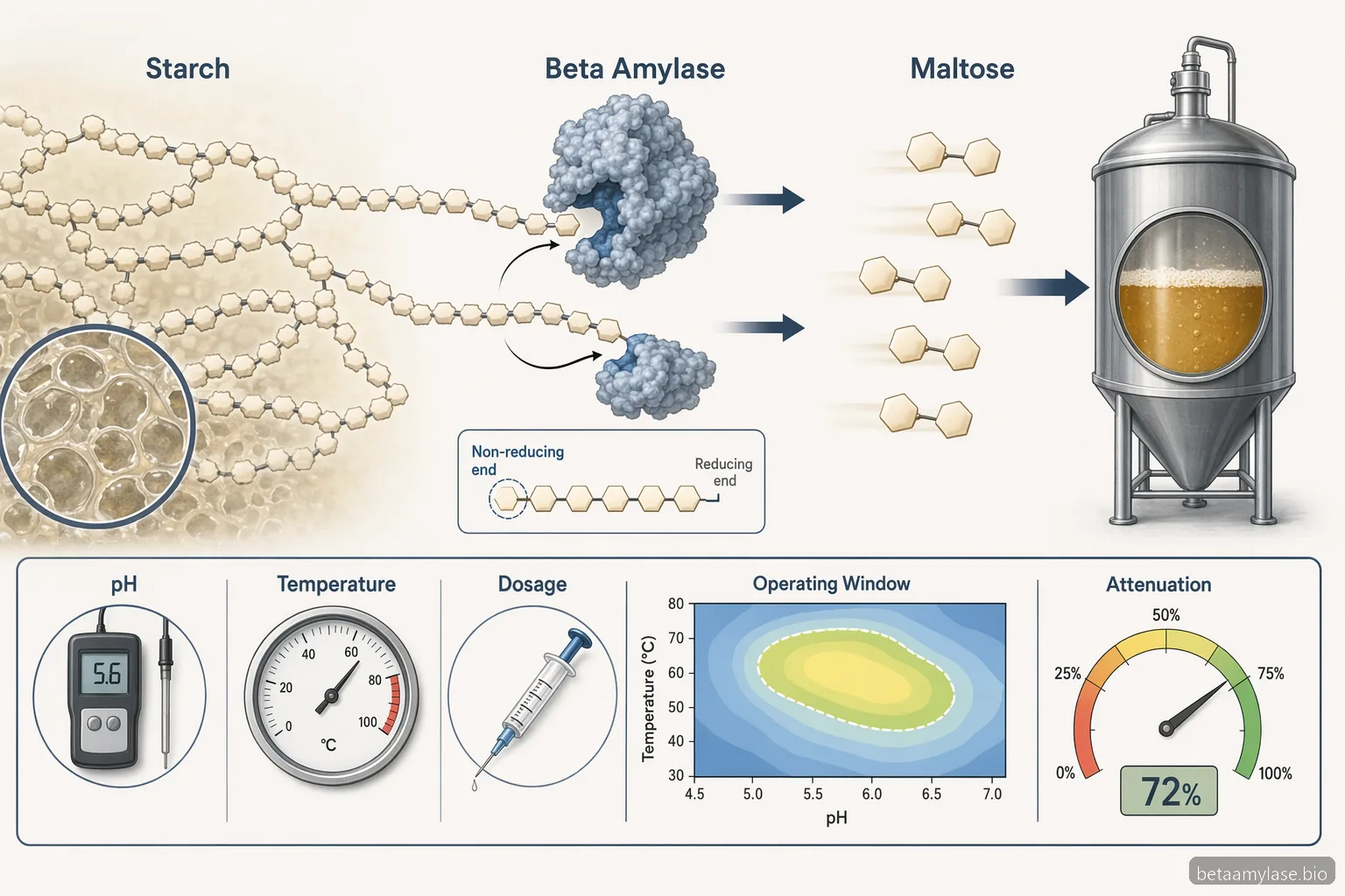 beta amylase enzyme for sale brewing mechanism, starch-to-maltose flow with pH and temperature operating window