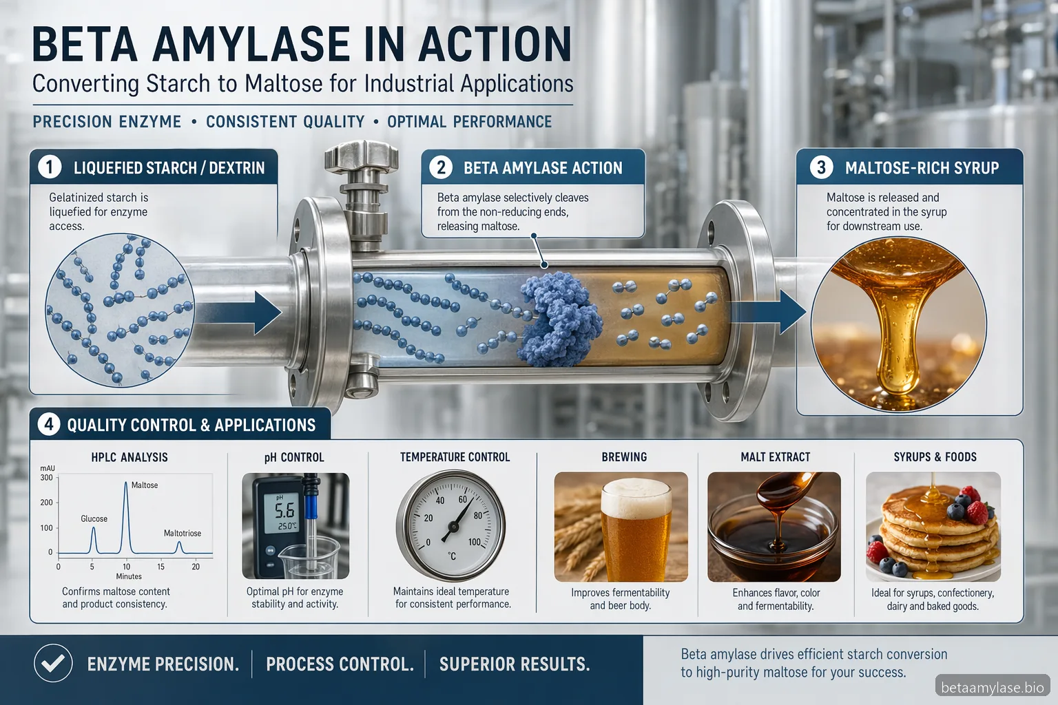 beta amylase starch process guide infographic showing maltose production, conditions, applications, and QC checks