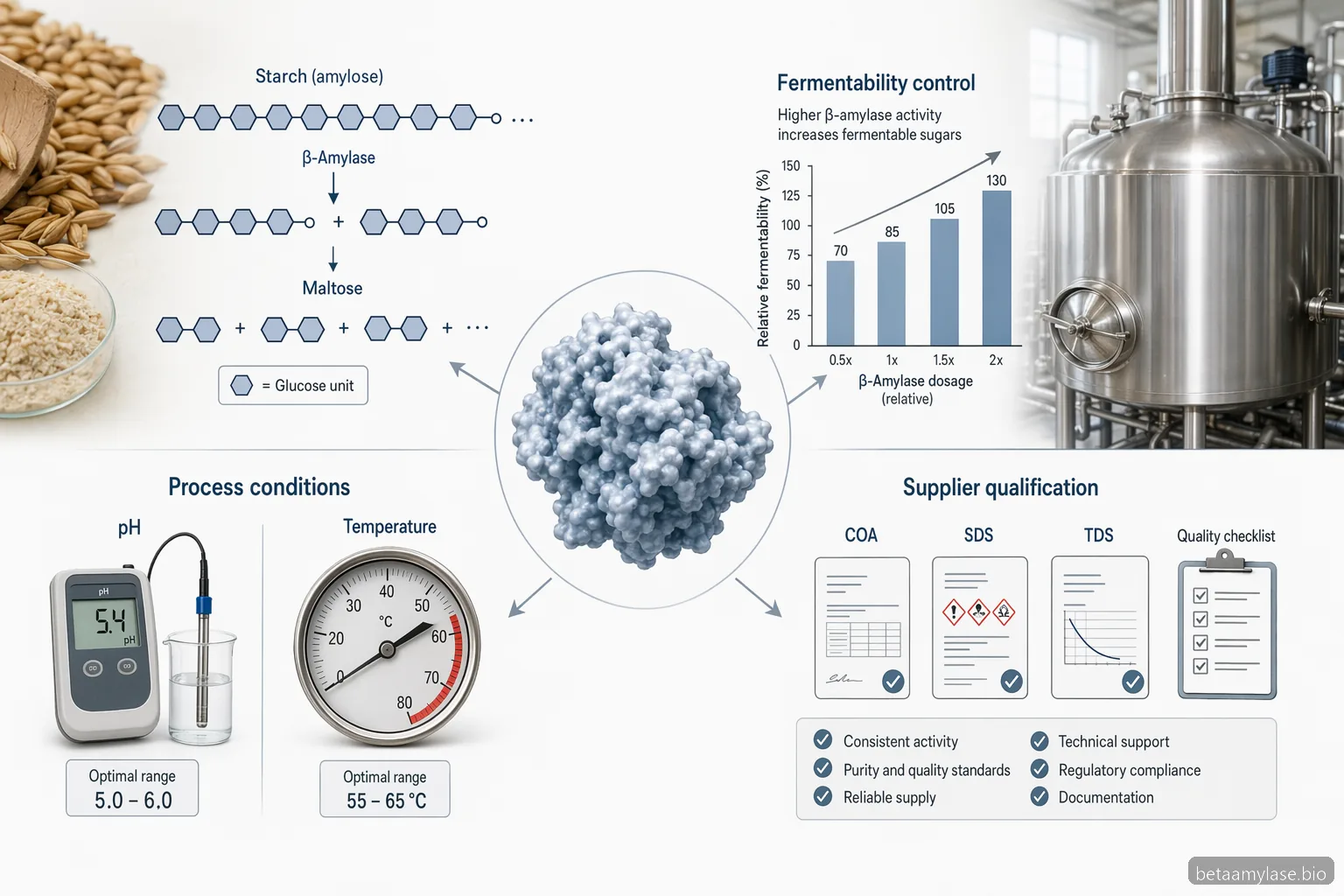 beta amylase brewing supplier guide infographic showing maltose yield, fermentability control, and QA documents